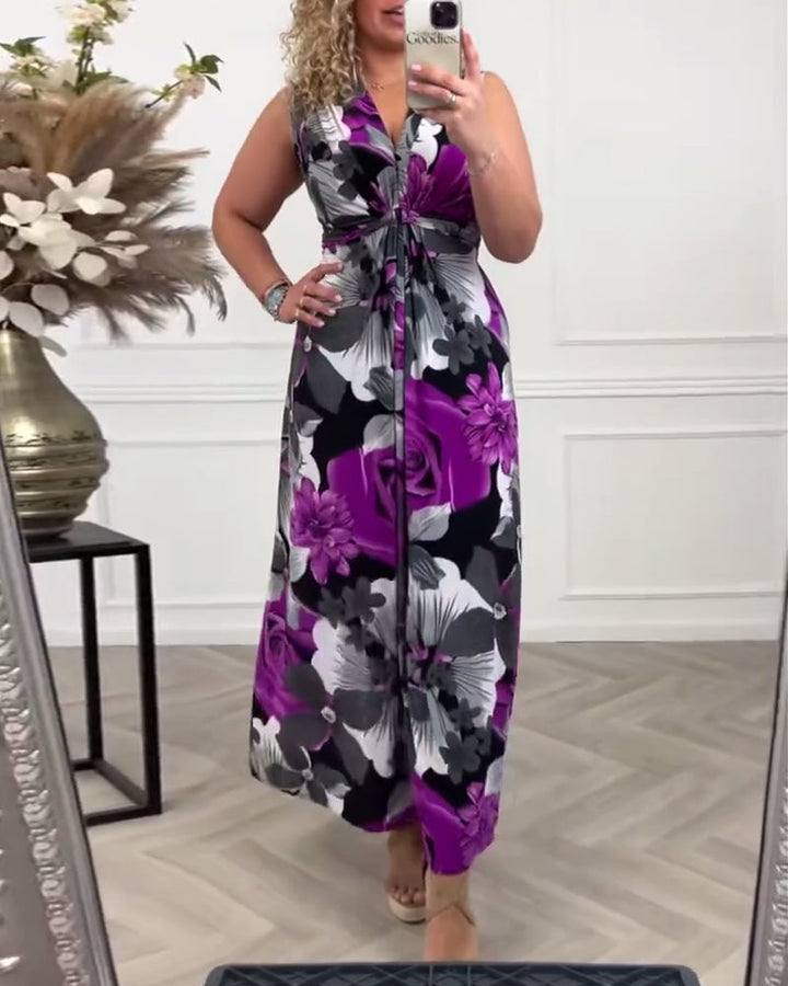 Duttini | Chic Floral Maxi Dress Sleeveless Tie Front V-Neck
