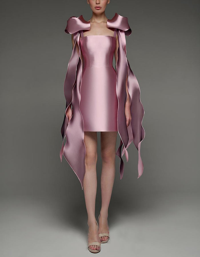 Duttini | Pink Satin Cocktail Square Neck Dress