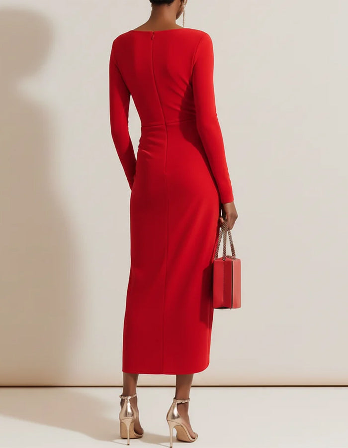 Duttini | Red Bodycon Pleated Long Sleeve Dress