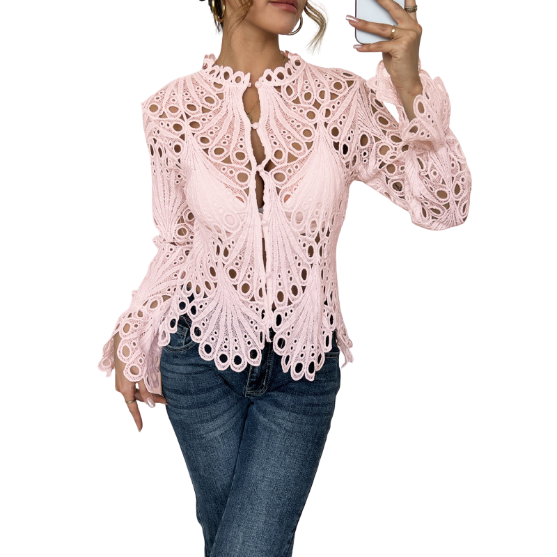 Duttini | Elegant Lace Cutwork Blouse Long Sleeve Hollow Out Top