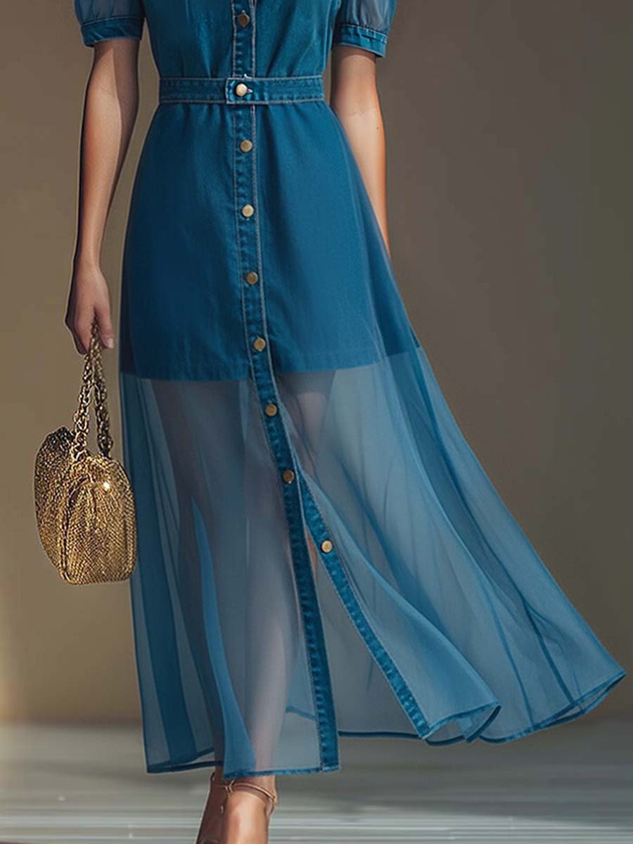 Duttini | V-Neck Short-Sleeved Organza Blue Denim Dress