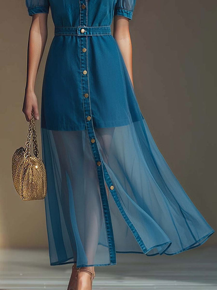 Duttini | V-Neck Short-Sleeved Organza Blue Denim Dress