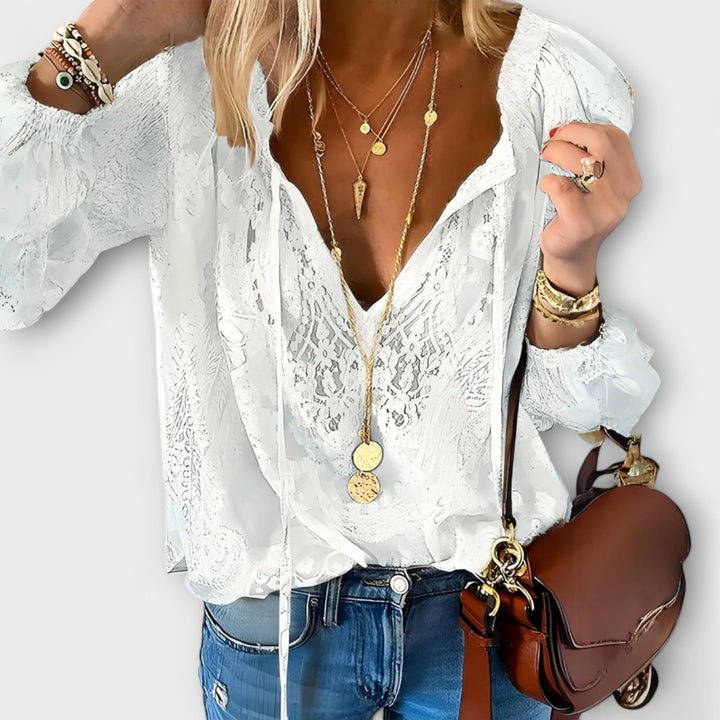 Duttini | Feminine Lace V-Neck Blouse Long Sleeve Boho Top