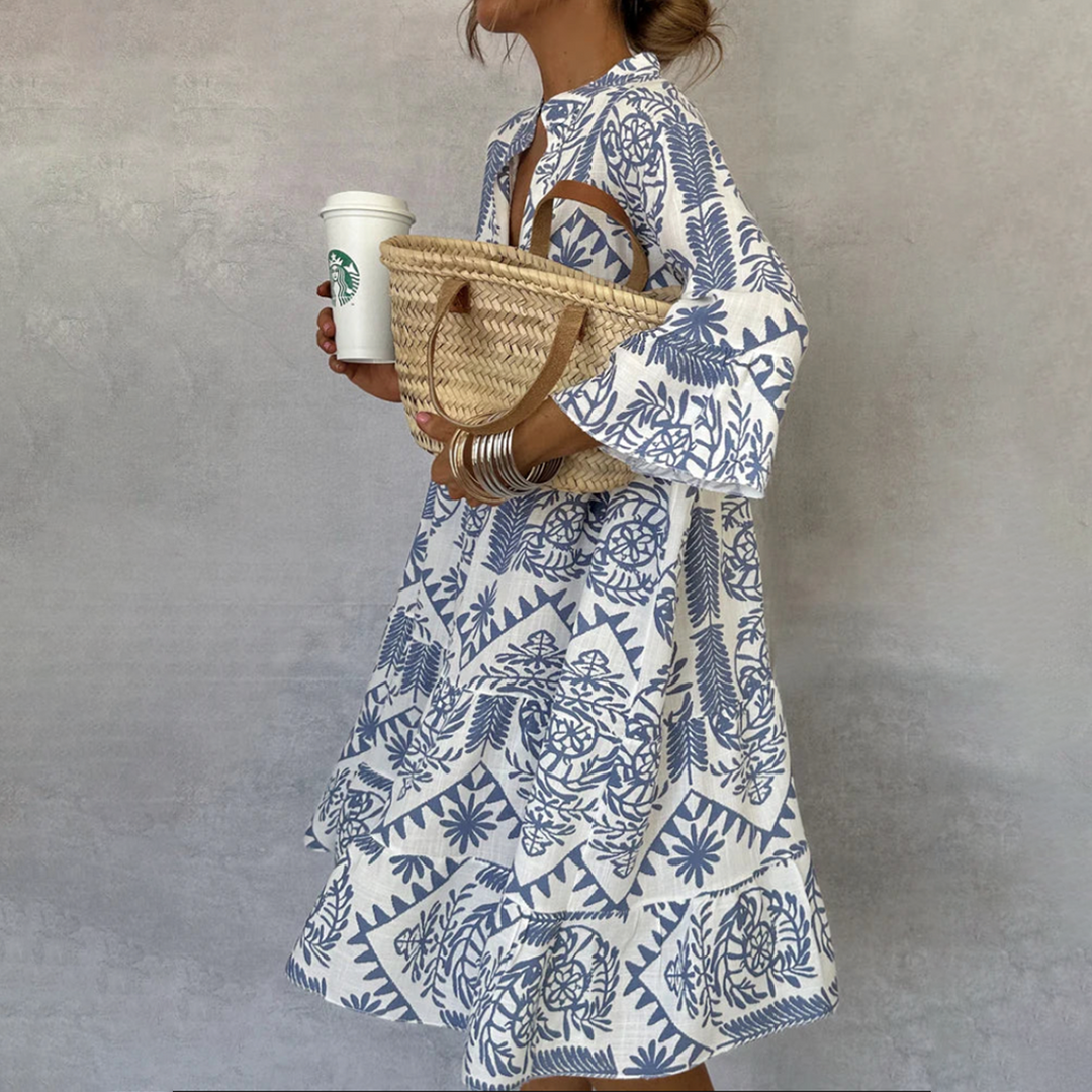 Duttini | Boho Print V-Neck 3/4 Sleeve Swing Dress with Graceful Drape