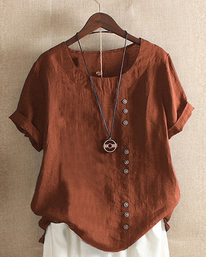 Duttini | Romantic Button Front Crew Neck Short Sleeve Casual Top