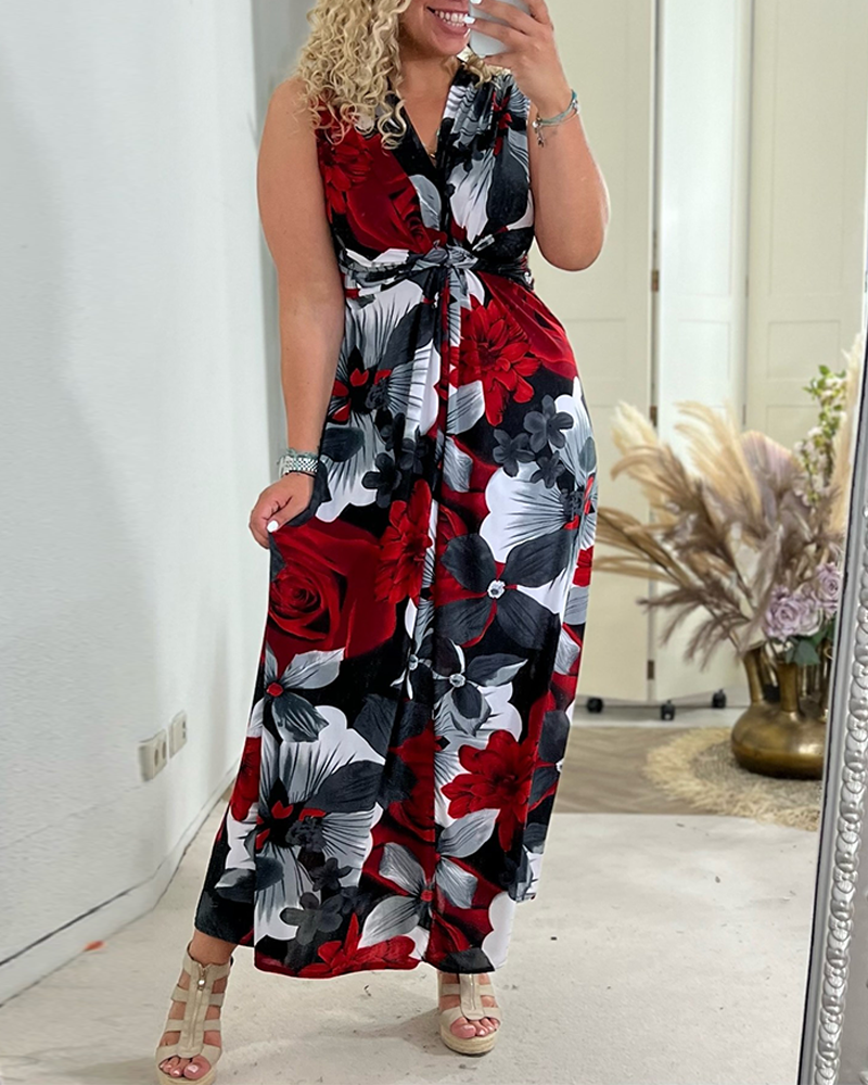 Duttini | Chic Floral Maxi Dress Sleeveless Tie Front V-Neck
