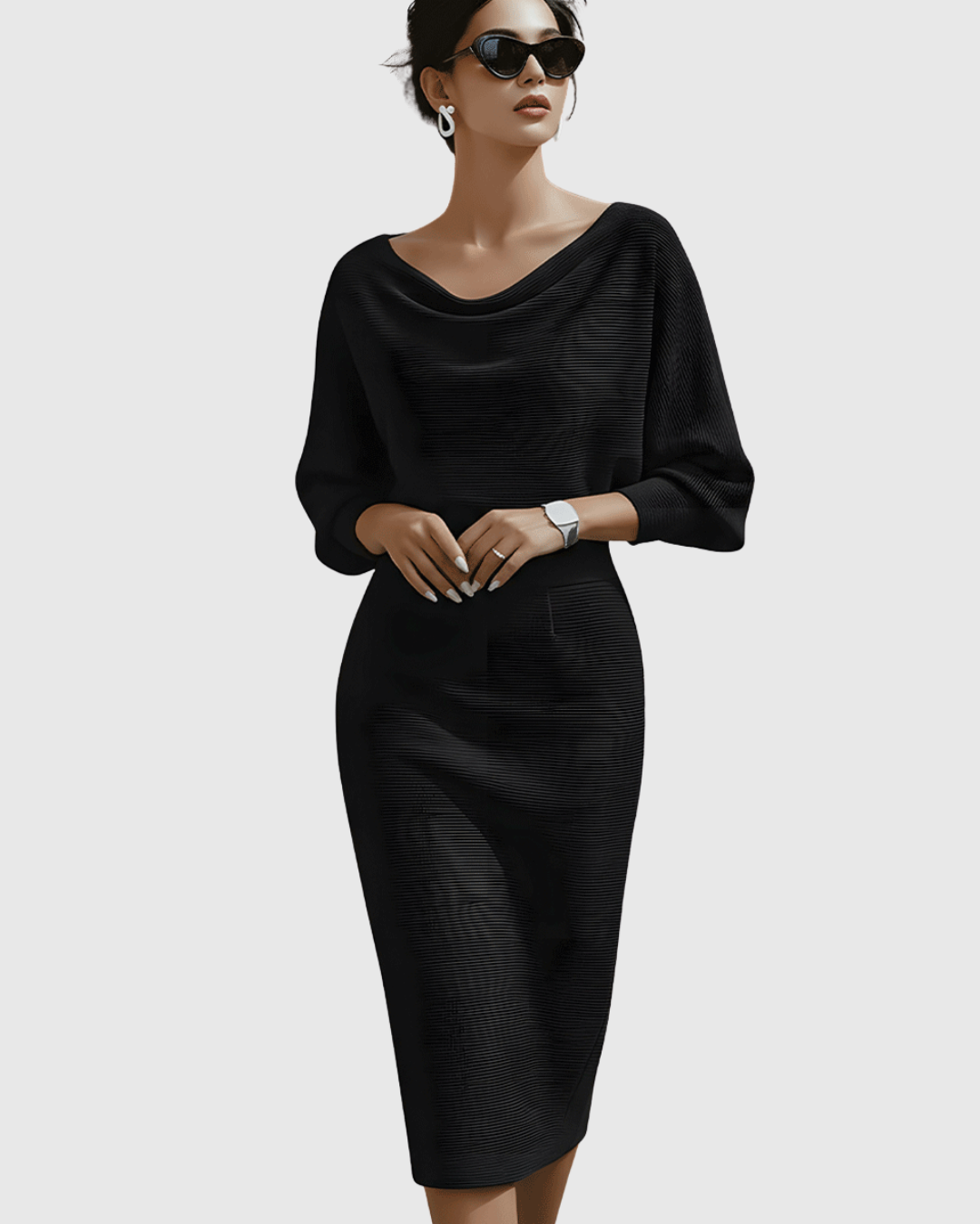 Duttini | Elegant Cowl Neck Batwing Sleeve Ribbed Midi Dress