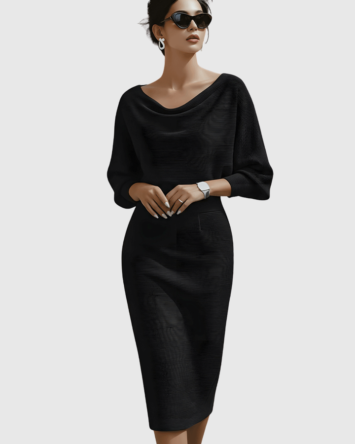 Duttini | Elegant Cowl Neck Batwing Sleeve Ribbed Midi Dress