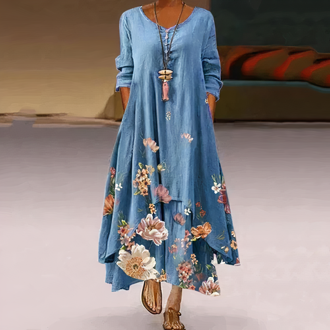 Duttini | Feminine Floral Print Long Sleeve Loose Maxi Dress