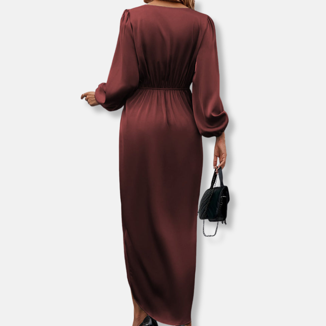 Duttini | Sculpted Draped Satin Midi Dress With Asymmetric Hem