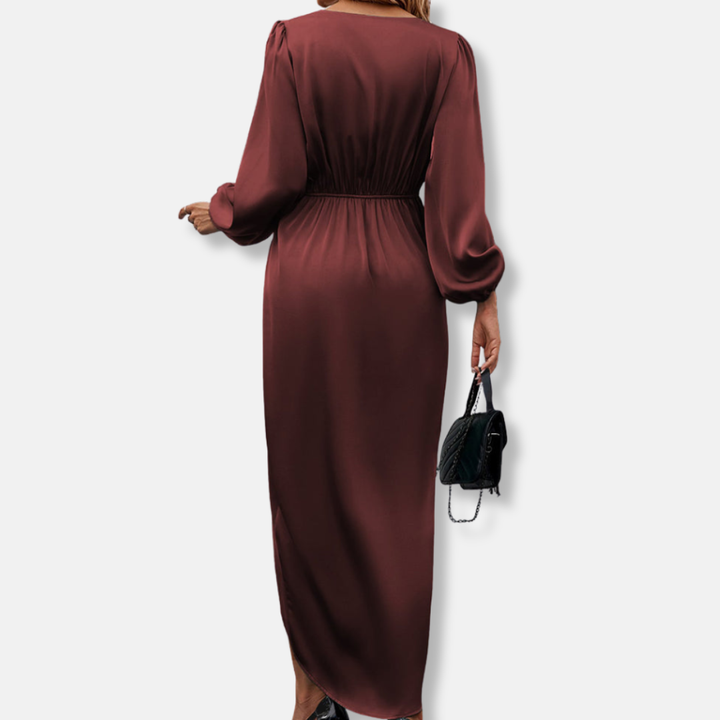 Duttini | Sculpted Draped Satin Midi Dress With Asymmetric Hem