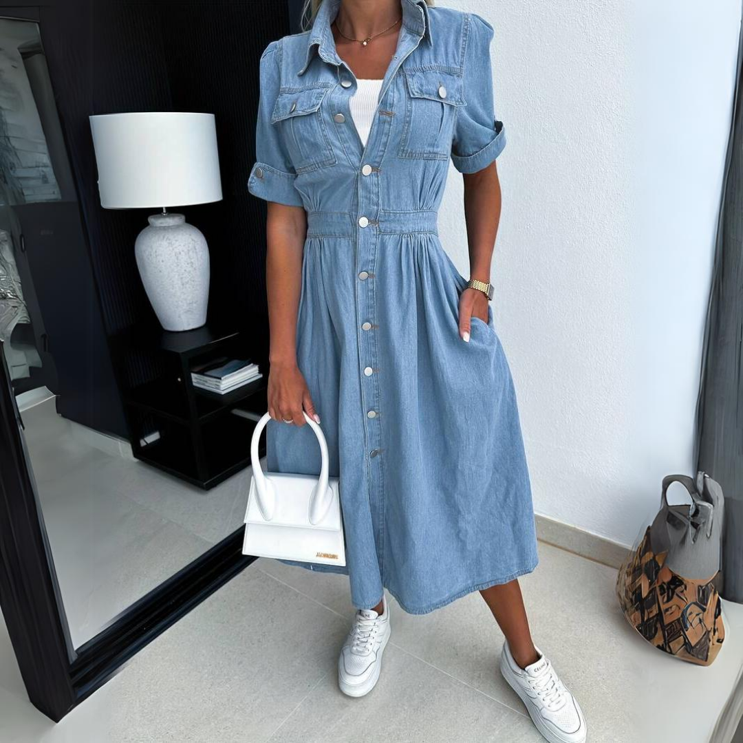 Duttini | Modern Denim Button-Up Midi Dress Short Sleeve