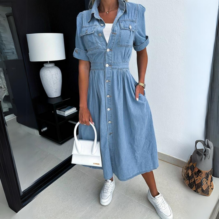 Duttini | Modern Denim Button-Up Midi Dress Short Sleeve
