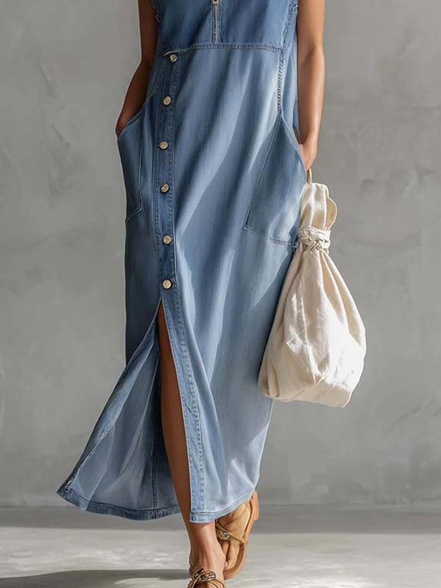 Duttini | Blue Denim V-Neck Casual Dress