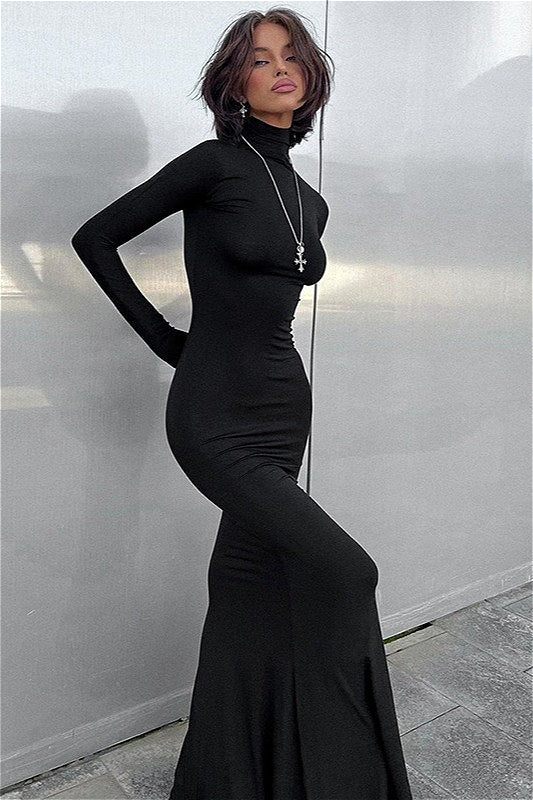 Duttini | Solid Color High Neck Long Sleeve Maxi Dress