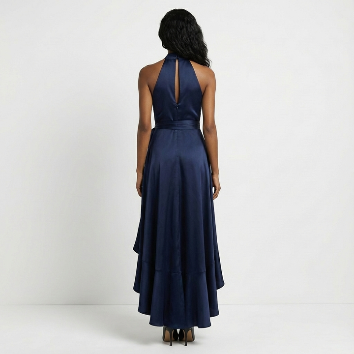 Duttini | Flowing Satin Halter Neck Wrap Maxi Dress With Bow Tie Waist And Ruffled Hem