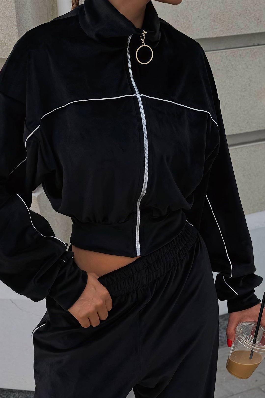 Duttini | Velvet Collar Zipper Long Sleeve Two Piece Set