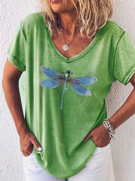 Duttini | Premium Dragonfly Print V-Neck Short Sleeve Casual Tee