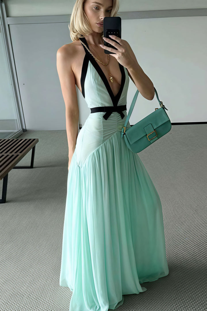 Duttini | Deep V Halter Cutout Mesh Maxi Dress