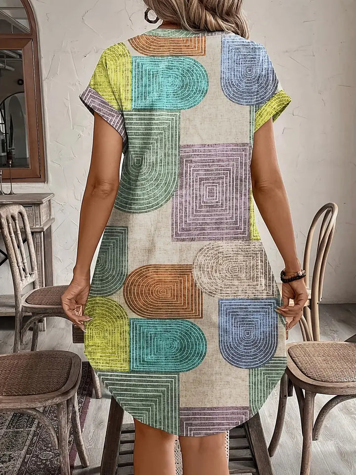 Duttini | Flowing Geometric Print Mini Dress Button Front V-Neck