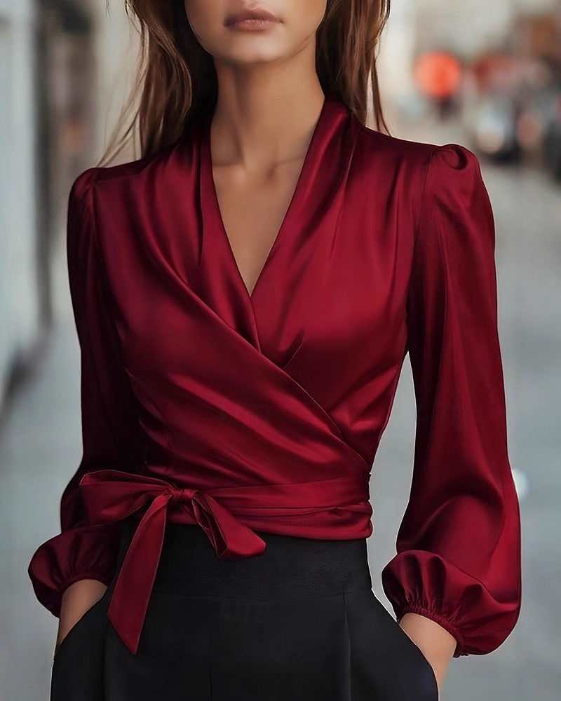 Duttini | Flowing V-Neck Blouse With Delicate Lace-Up Detail