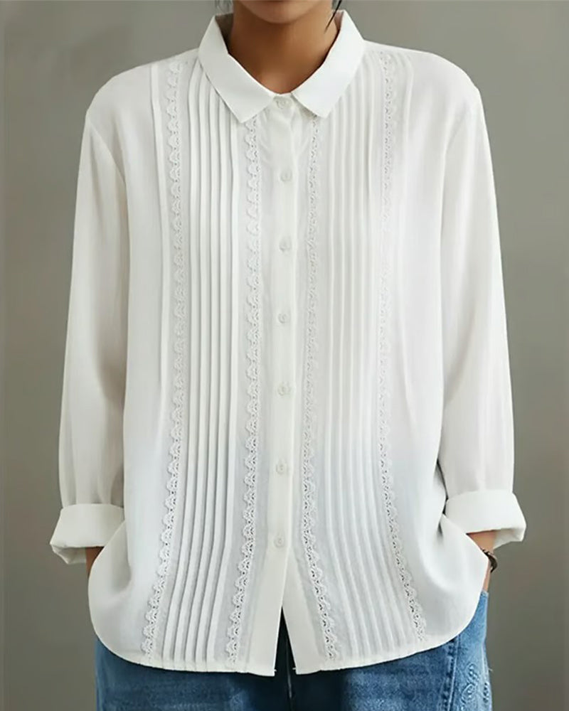 Duttini | Statement Lace Trim Button-Up Long Sleeve Blouse