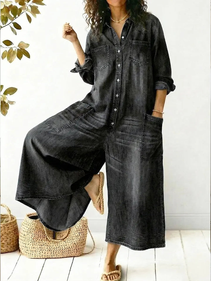 Duttini | Elegant Jumpsuit Long Sleeve Button Front Wide Leg