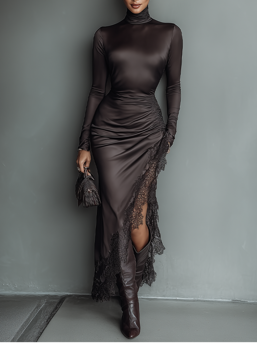Duttini | Dark Brown Satin Irregular Hem Dress