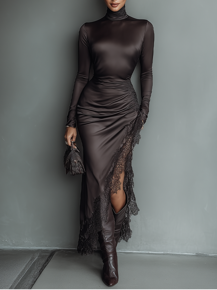 Duttini | Dark Brown Satin Irregular Hem Dress