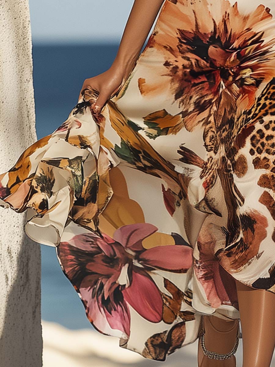 Duttini | Halter Neck Leopard And Floral Dress