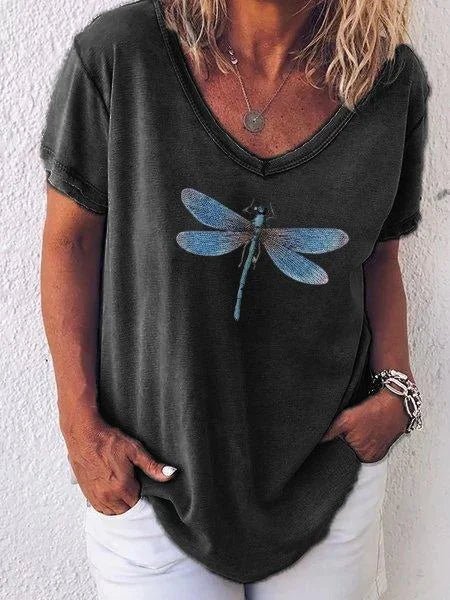 Duttini | Premium Dragonfly Print V-Neck Short Sleeve Casual Tee