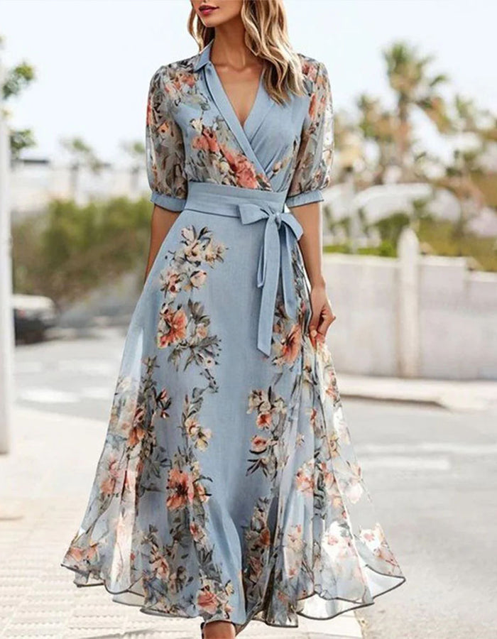 Duttini | Blue Lapel Collar Printed Dress