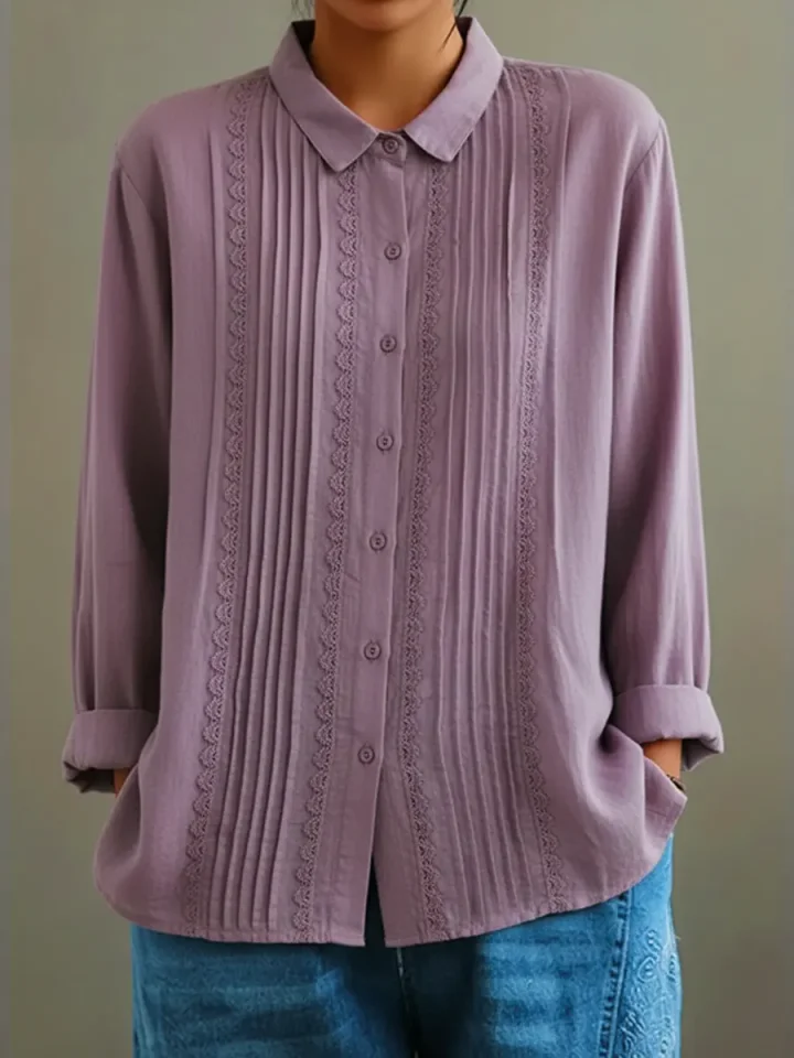 Duttini | Statement Lace Trim Button-Up Long Sleeve Blouse