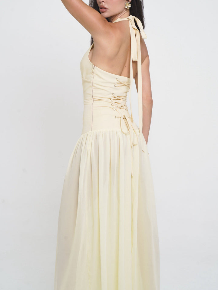 Duttini | Fashion Halterneck Lace-Up Deep V-Neck Dress