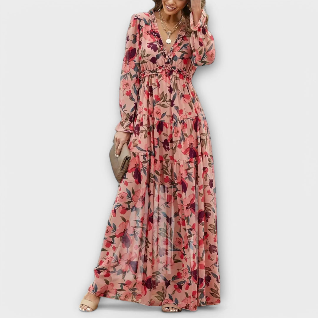 Duttini | Sculpted Floral V-Neck Maxi Dress in a Flattering Cut
