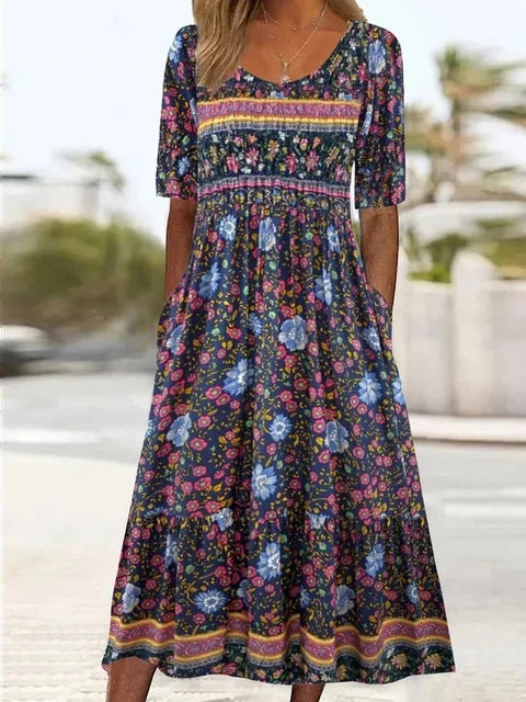 Duttini | Romantic Dress With Bohemian Print And Round Neckline
