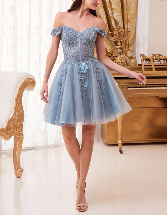 Duttini | Sky Blue Tulle Cocktail Off-Shoulder Dress