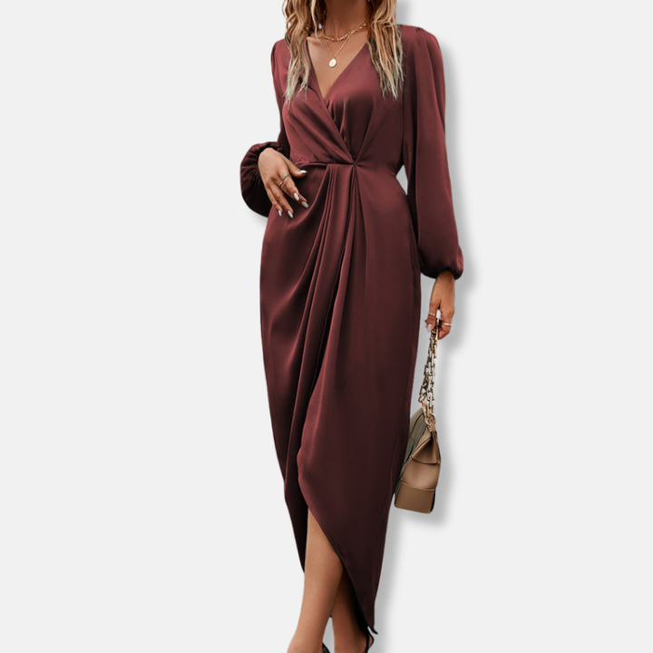 Duttini | Sculpted Draped Satin Midi Dress With Asymmetric Hem