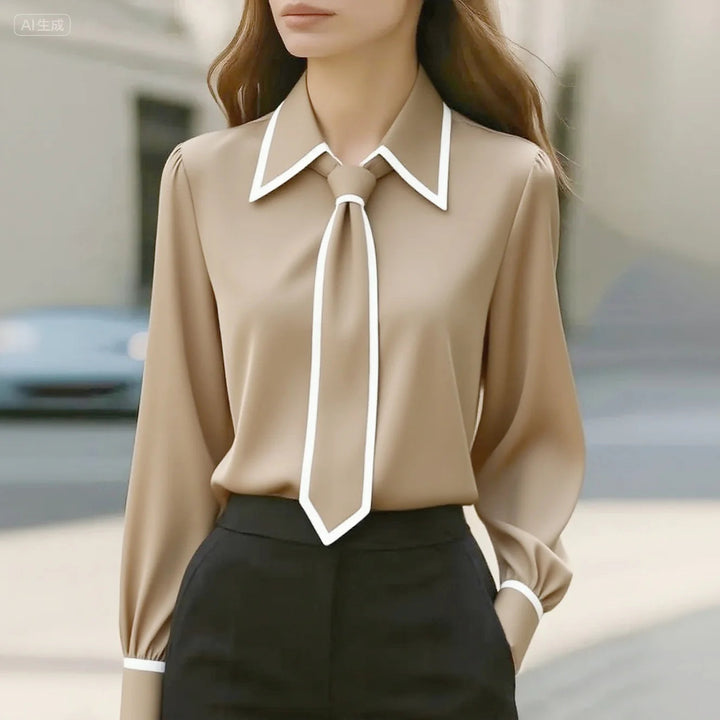 Duttini | Romantic Long Sleeve Tie Neck Blouse Contrast Collar