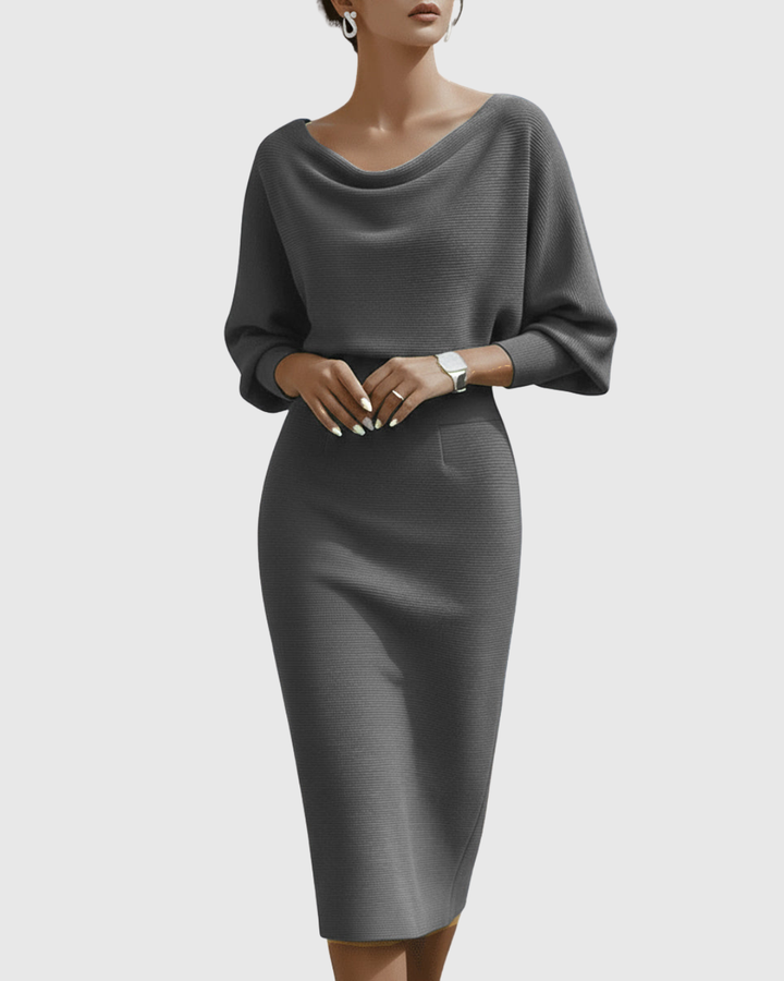Duttini | Elegant Cowl Neck Batwing Sleeve Ribbed Midi Dress