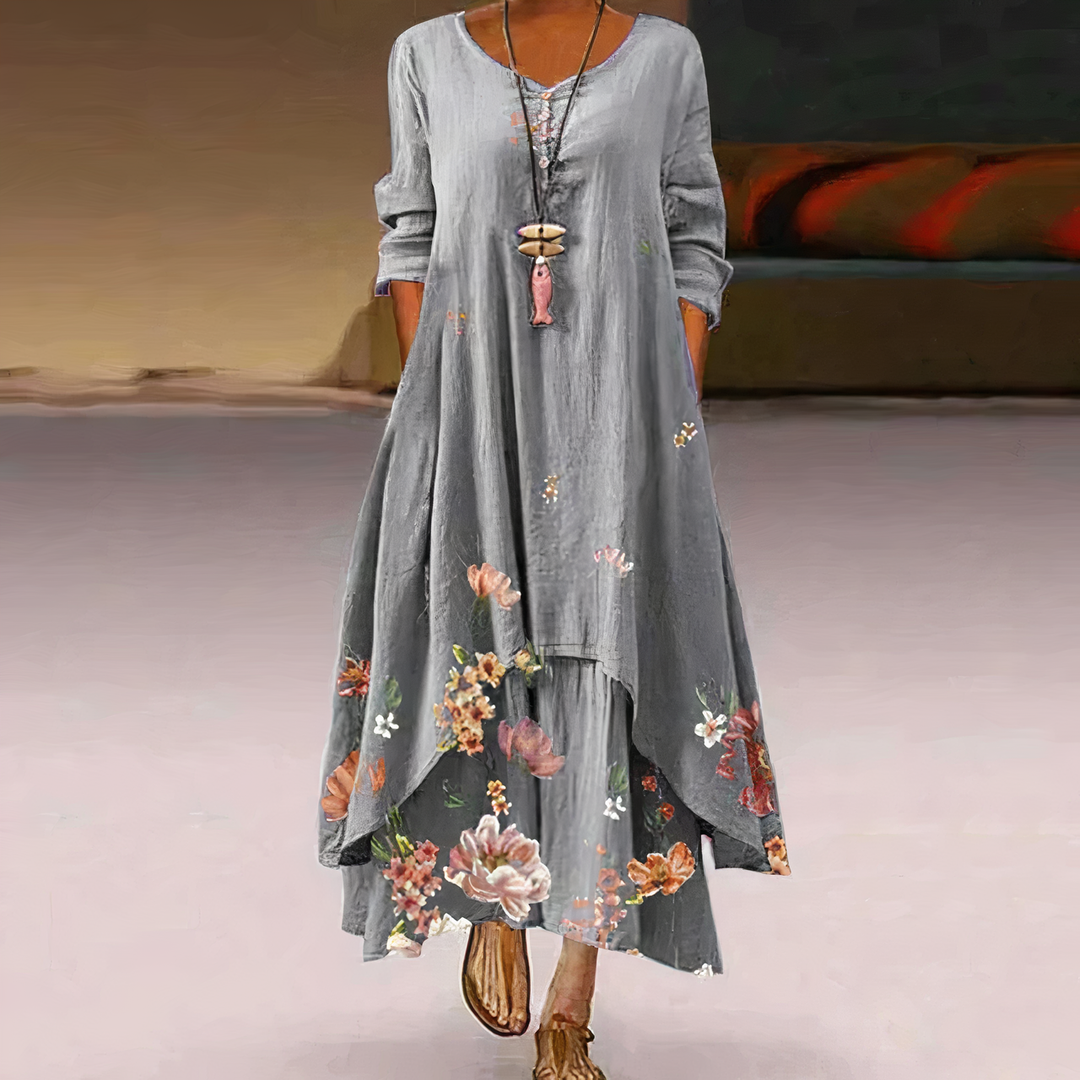 Duttini | Feminine Floral Print Long Sleeve Loose Maxi Dress