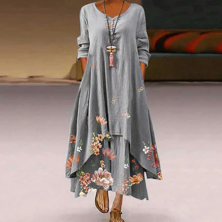 Duttini | Feminine Floral Print Long Sleeve Loose Maxi Dress