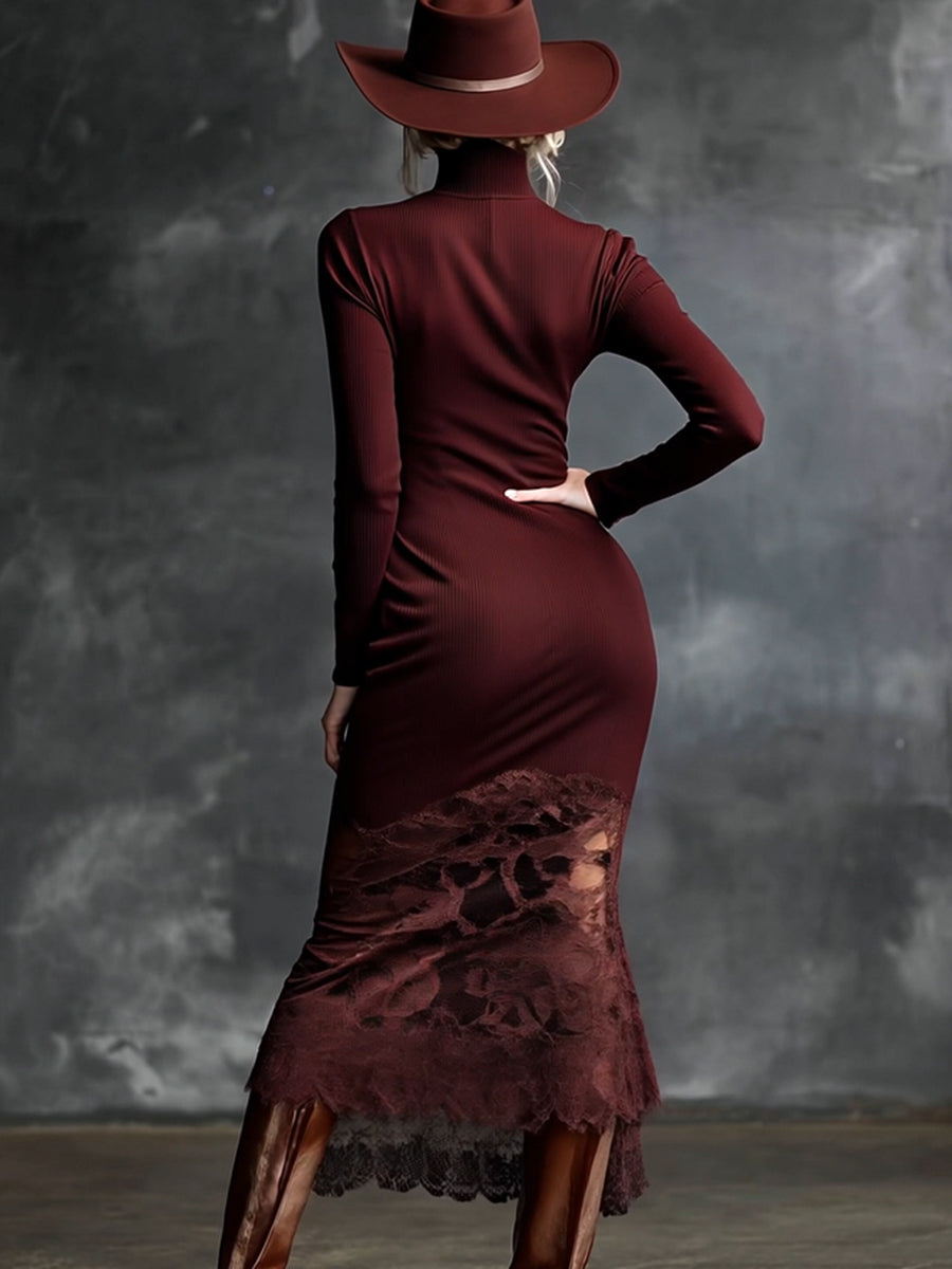 Duttini | Burgundy Lace Evening Dress