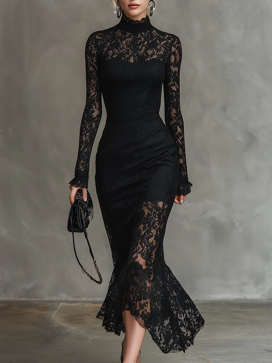 Duttini | Black Lace Fishtail Evening Dress