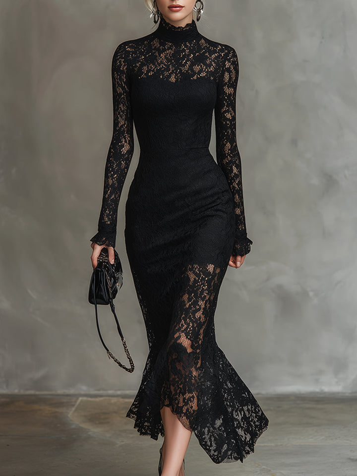 Duttini | Black Lace Fishtail Evening Dress