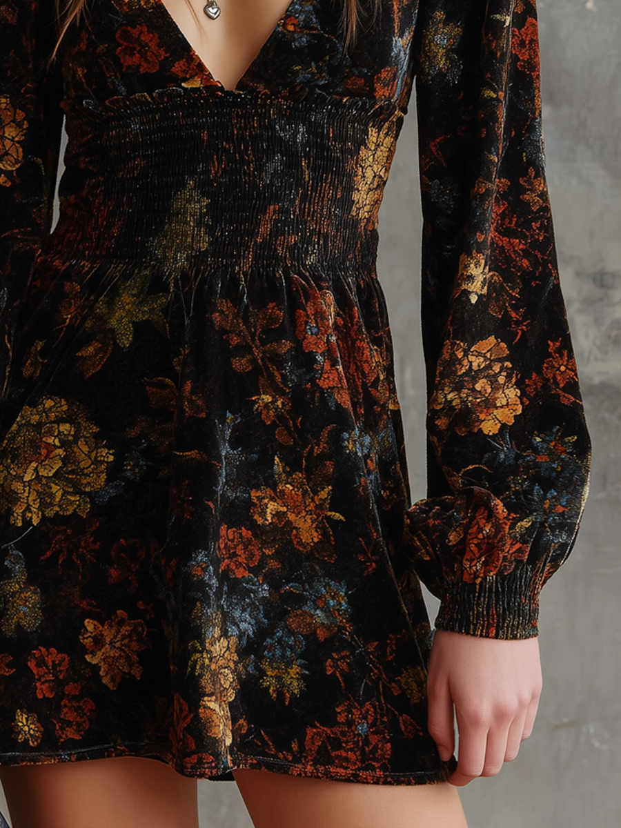 Duttini | Retro Floral Print Pleated Waist Dress