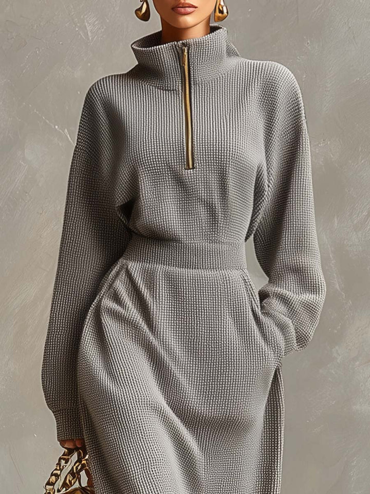 Duttini | Grey Waffle Long Sleeve Casual Dress