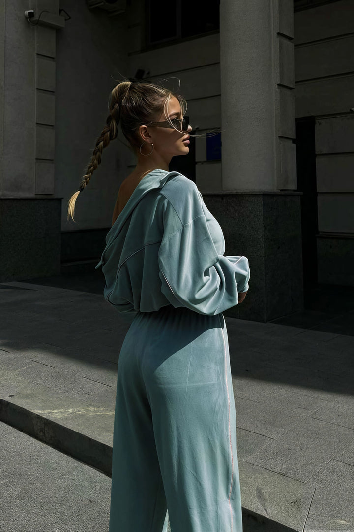 Duttini | Velvet Collar Zipper Long Sleeve Two Piece Set