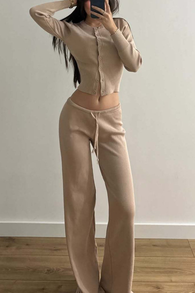 Duttini | Fitted Buttoned Long-Sleeve Low-Rise Knit Two Piece Set