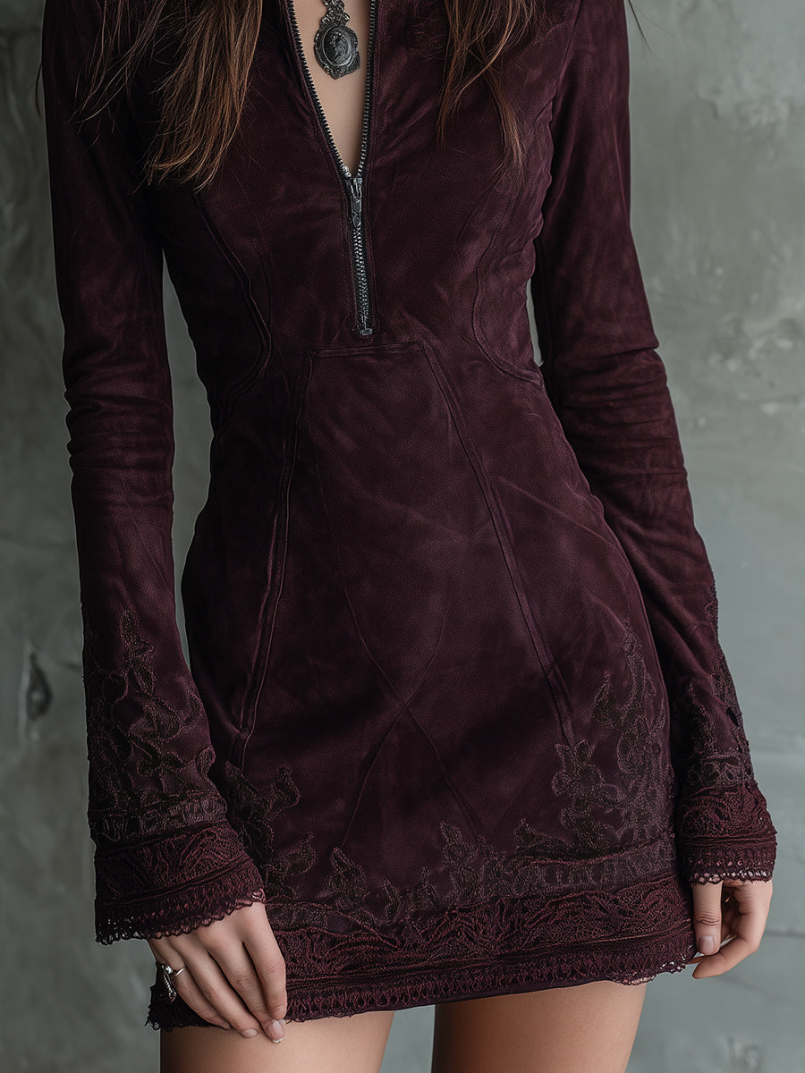 Duttini | Vintage Suede Embroidered Lace Trim Dress
